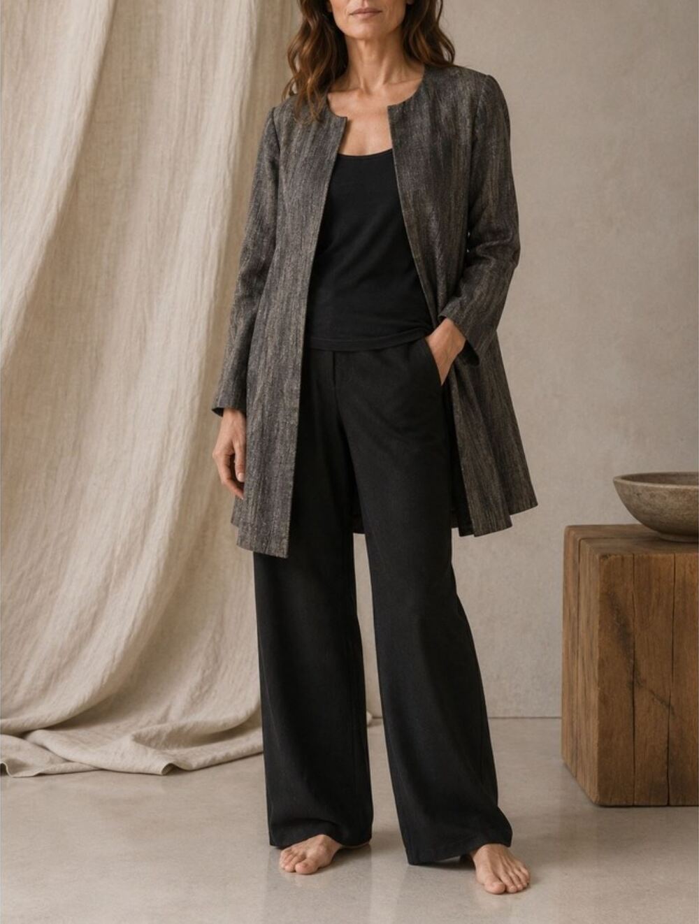 Eileen Fisher Linen Silk Herringbone Shadow Jacket Large Roundneck Swing Coat